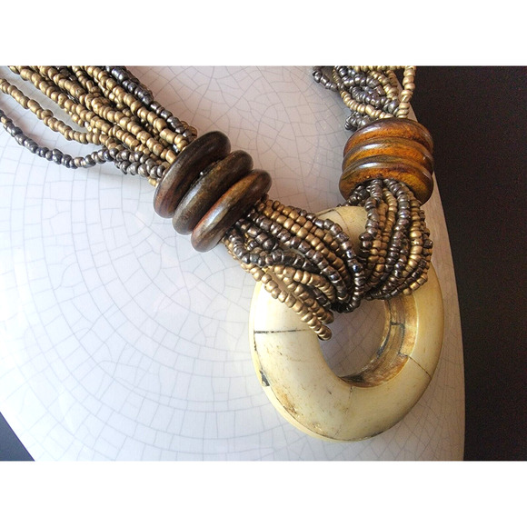 Vintage Tribal Boho Multi-Strand Beaded Necklace Wood Ring Pendant Folk Style - Picture 4 of 9